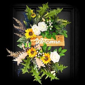 Welcome Wreaths for Front Door, 22 Inch Sunflower Wreath for Spring